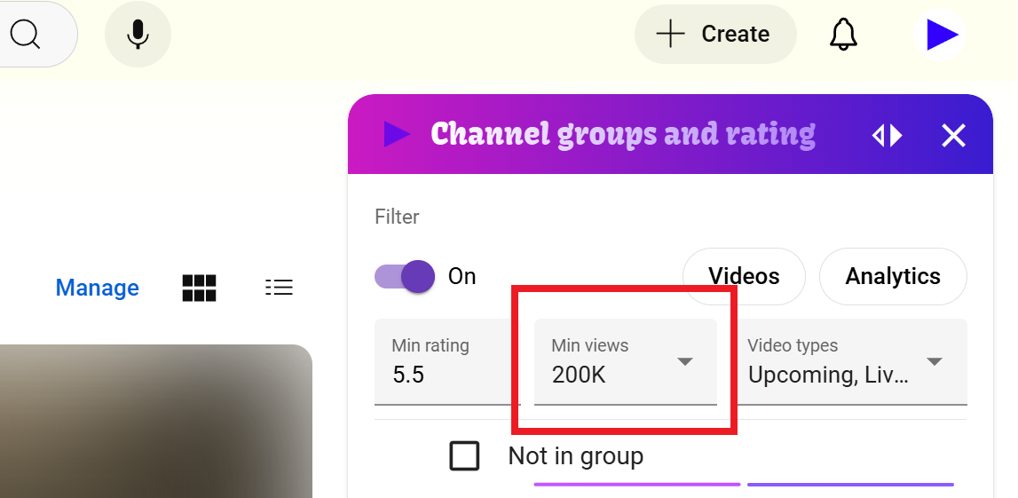 Min views (Channel groups and rating)